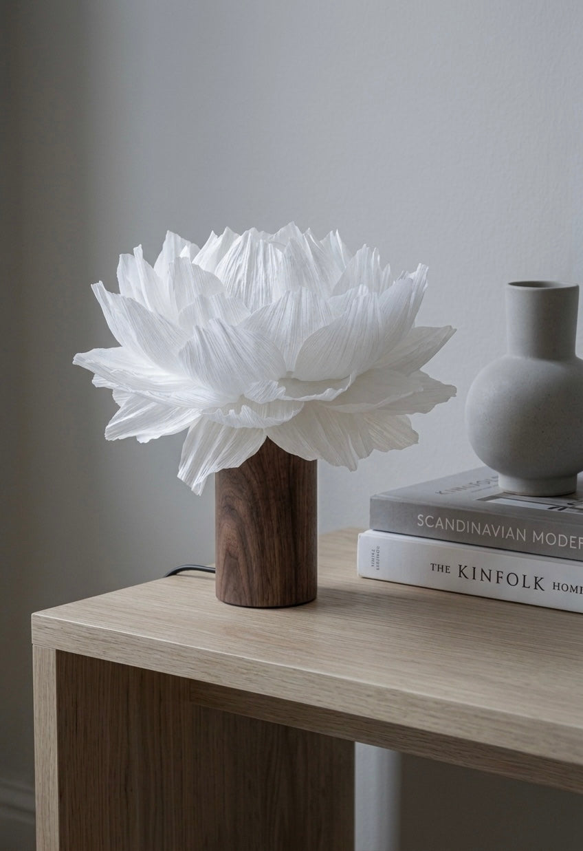 Lotus hvit bordlampe i papir på nattbord
