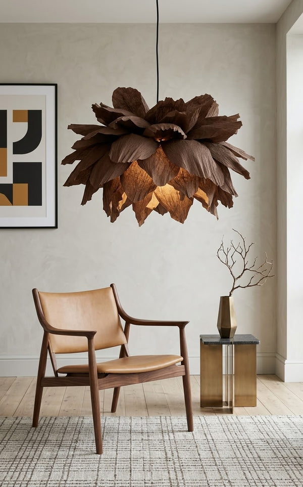 Lotus Noir – mørkebrun taklampe i kreppapir, tent, over lenestol i lys stue