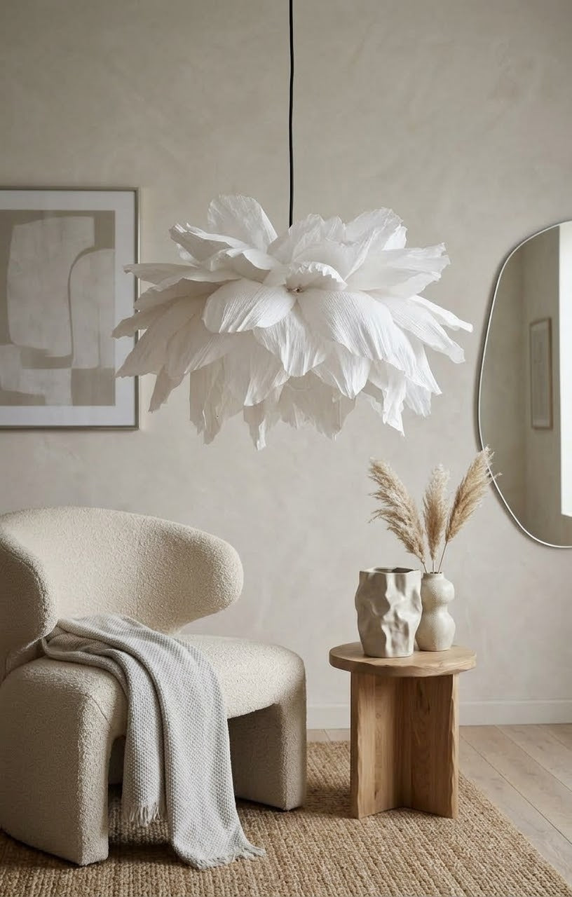Hvit taklampe i kreppapir, slukket, over lenestol og sidebord