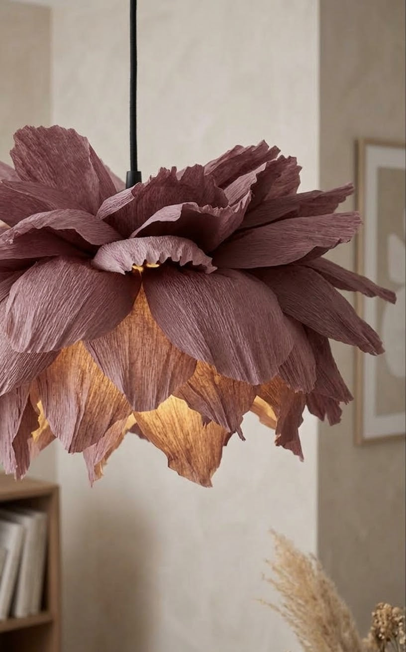 Nærbilde av tent rosa blomsterlampe i kreppapir