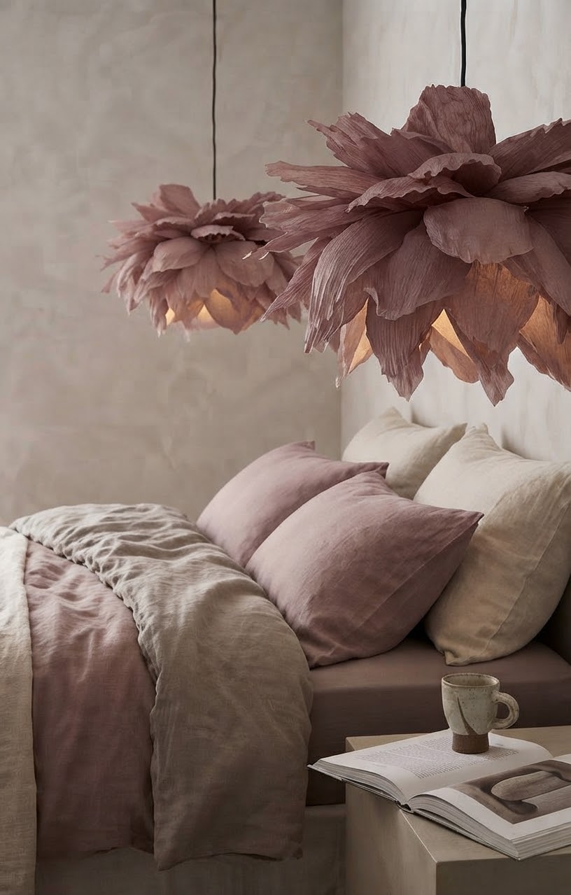 To rosa taklamper i kreppapir, tent, over seng i soverom