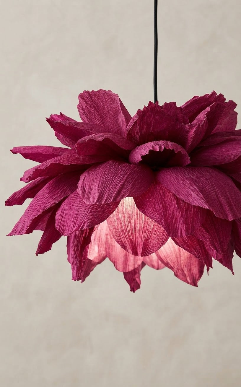 Nærbilde av tent burgunder blomsterlampe i kreppapir